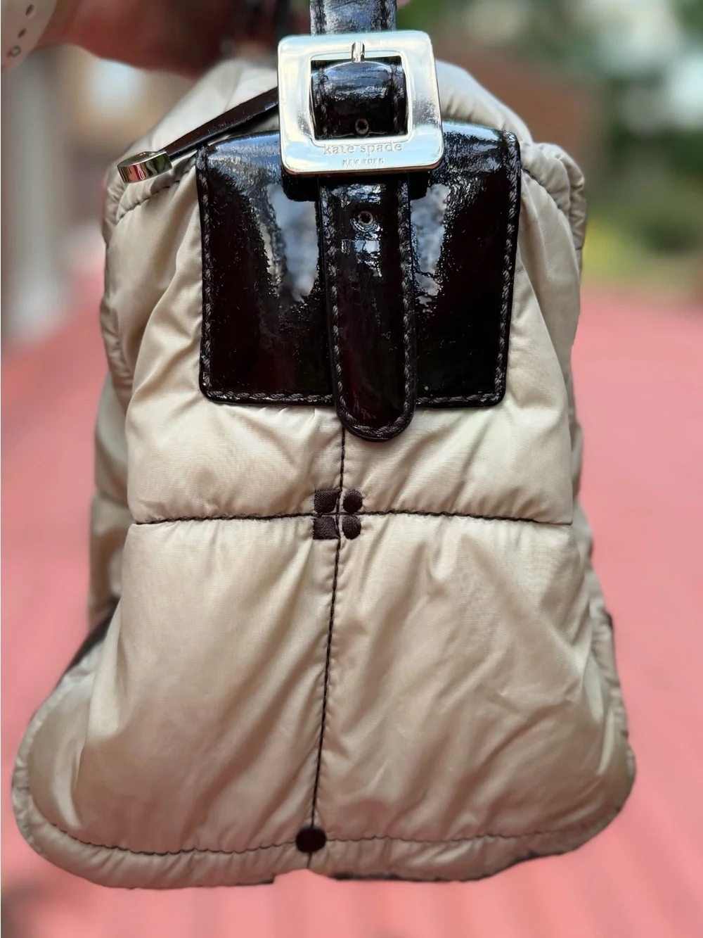kate spade EUC Tan Quilted Nylon Crossbody w/ Black Patent Leather Trim